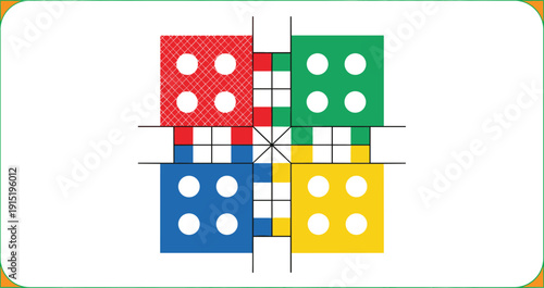 Colorful board game dice illustration with geometric layout and playing concept for tabletop games, strategy design and fun vector artwork