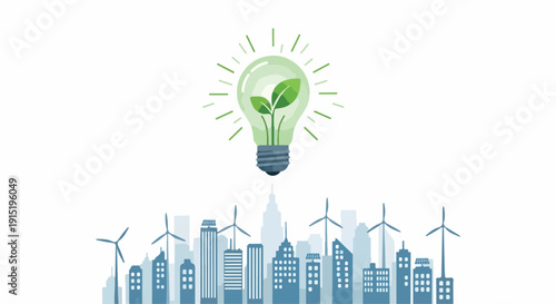 Illustration of a city skyline with wind turbines and a light bulb with a green leaf, symbolizing eco-friendly urban planning and sustainable energy solutions.