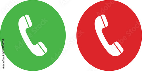 Incoming call accept and decline phone icons set with green and red buttons for mobile app interface and communication vector design
