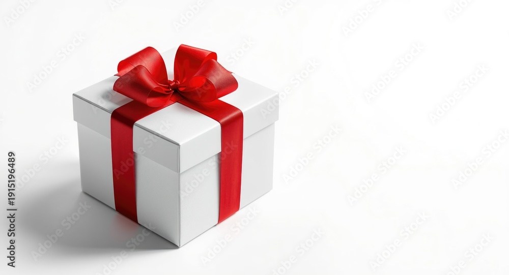 Fototapeta premium white gift box with red ribbon set on white backdrop including copy space