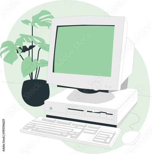 Vintage computer setup with green monitor and potted plant