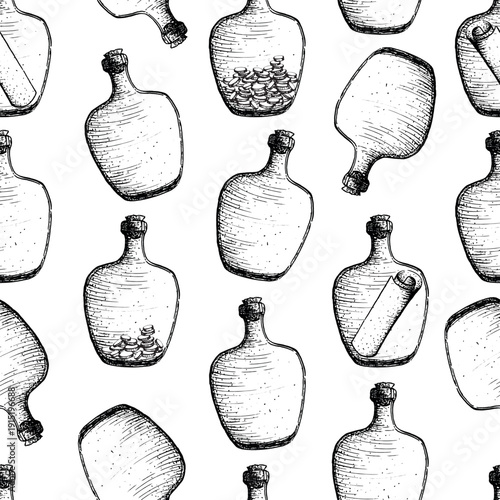 
Black and white ink vector illustration. Seamless pattern with pirate bottles in EPS format for wallpaper.