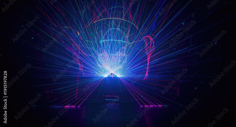 Fototapeta premium Optical illusion created by neon lights and fluorescent lasers in nightclub