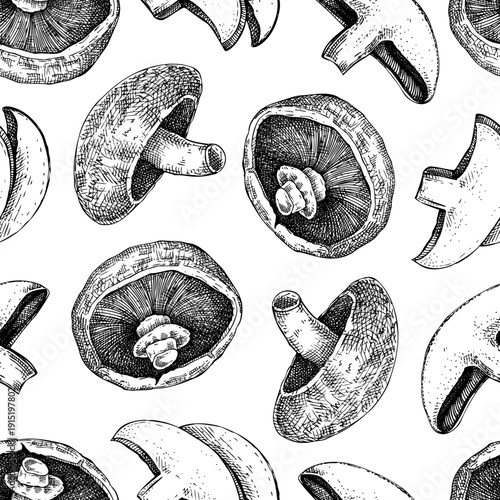 Portobello mushrooms hand drawn vector illustration. Healthy food seamless pattern. Wild fungi sketched background. NOT AI generated