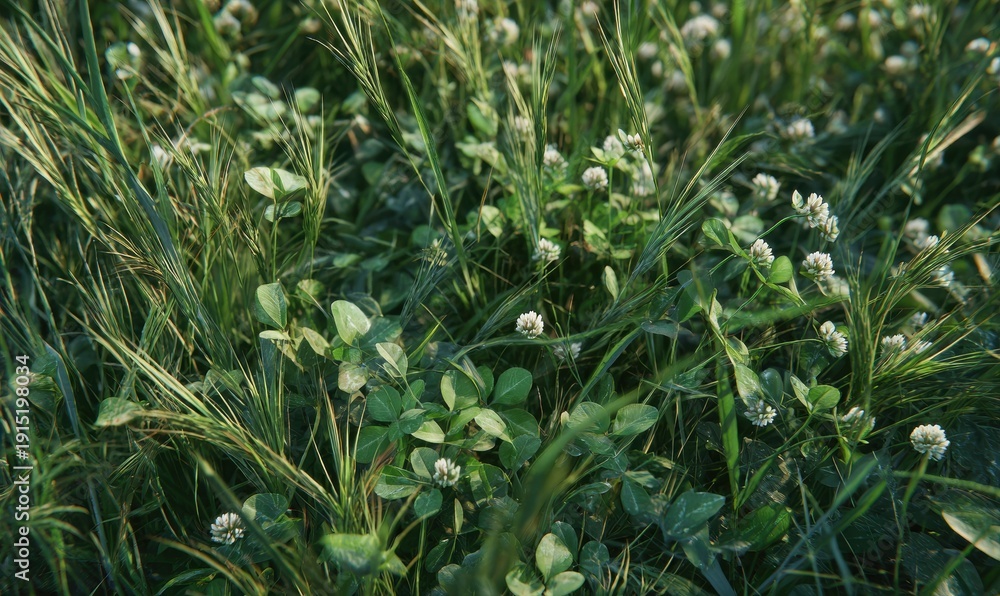 Fototapeta premium Close-up of wild field grass mixed with small clover leaves, irregular density, soft side daylight