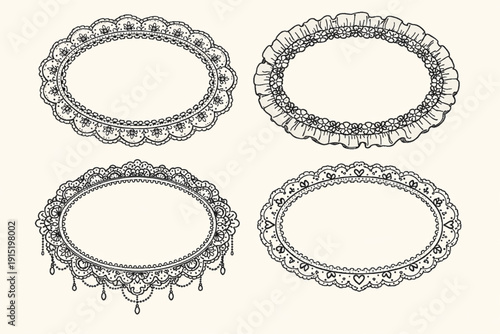 Vintage oval lace frames, frill, scallop, wavy set. Whimsical wedding or valentine decor borders. Hand drawn victorian vector decorative elements