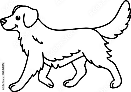 friendly walking dog outline drawing with fluffy tail and happy expression