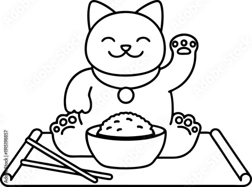 Lucky waving cat with a bowl of rice and chopsticks on a placemat illustration