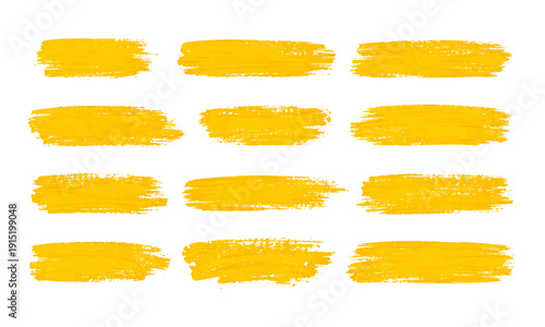 Bright yellow brush stroke text box set isolated on transparent background. Hand drawn grunge paint highlight stripes 