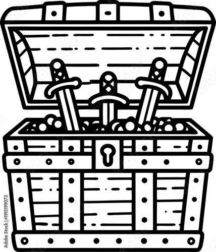 Open wooden treasure chest containing swords and scattered coins inside