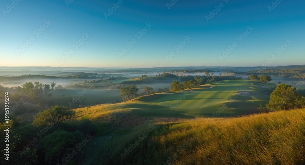 Fototapeta premium Morning aerial panorama of expansive golf course and softly rising hills