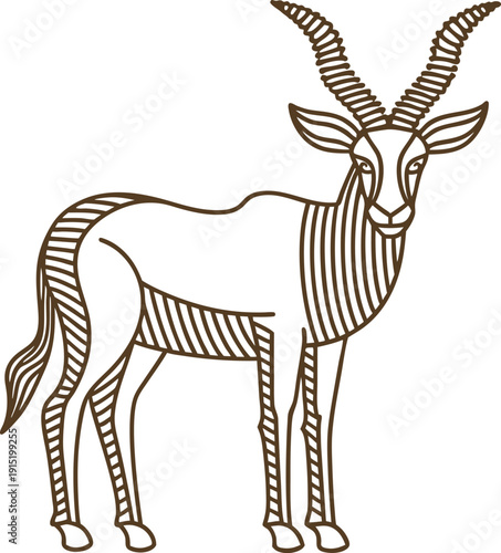 Stylized line art antelope with curved horns, elegant wild animal drawing on white background