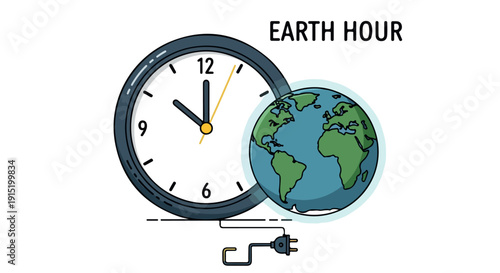 Illustration of a clock and globe with a plug symbolizing Earth Hour on a white background.