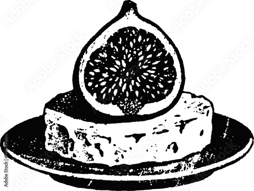Monochrome illustration of cheesecake dessert with fresh fig slice on round plate