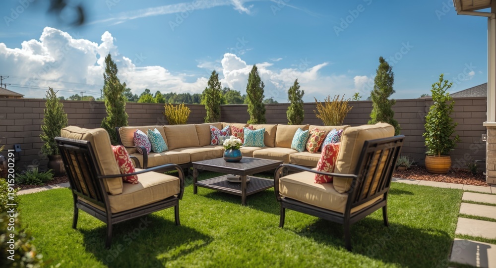 Fototapeta premium Upgraded modern patio featuring a cozy sectional sofa and armchairs with decorative cushions on lush green grass