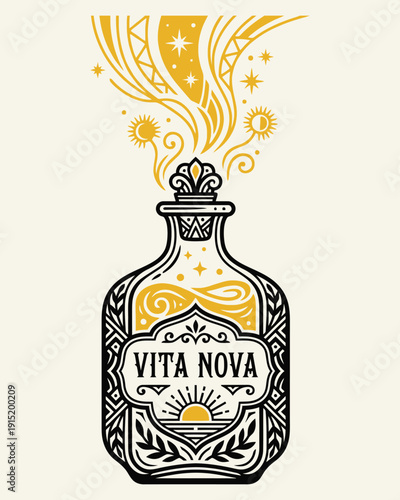 Vintage Elixir Bottle Label Design - Golden Vita Nova Vector Illustration