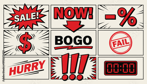 Comic Book Style Marketing Grid: Sale, BOGO, Hurry Call to Action Vector