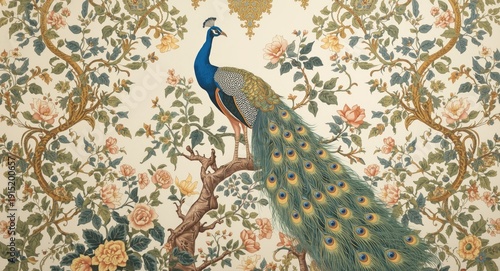 Intricate Mughal garden mural with peacock and lush botanical elements wallpaper design