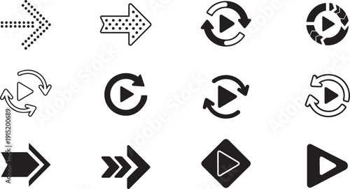 Black Play Icons and Arrows Set on White Background