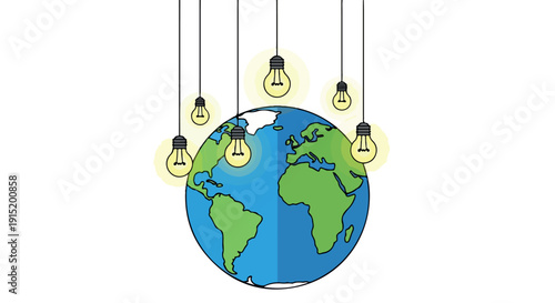 Illustration of a globe with light bulbs hanging above it on cords against a plain white background.