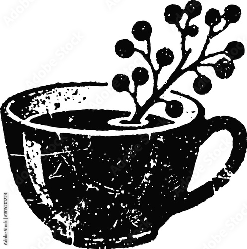 Rustic coffee cup with sprig decoration vintage grunge tea cup illustration, textured black and white
