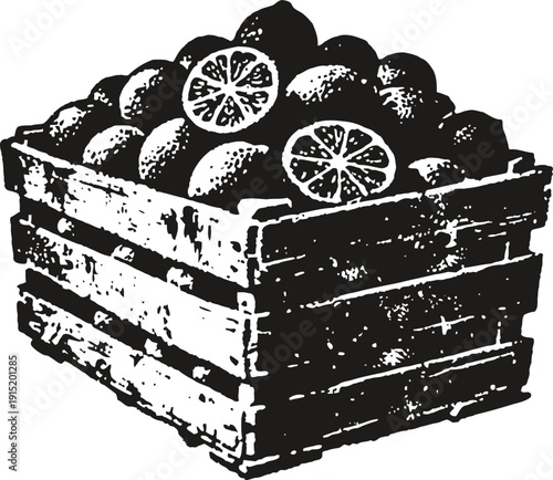 Crate filled with fresh lemons with some cut in half showing inner segments