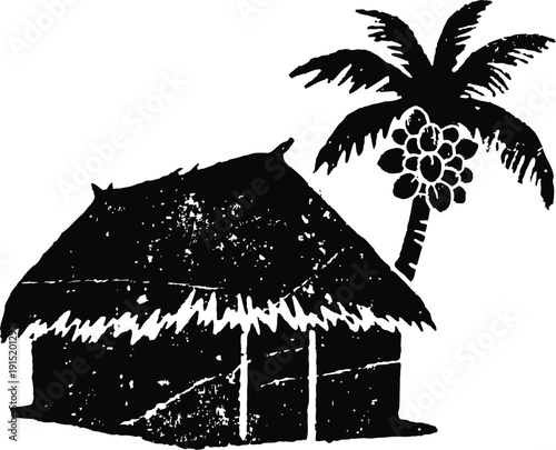 Rustic tropical hut with palm tree silhouette traditional thatched roof cabin in island setting