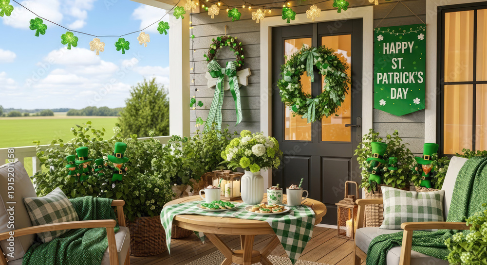 Obraz premium St. Patrick's Day front porch decor with wreath, potted flowers, shamrock cushions and cozy seating overlooking countryside.