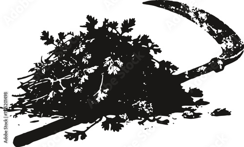 Sickle and weed pile silhouette farming tool and garden plants black vector illustration