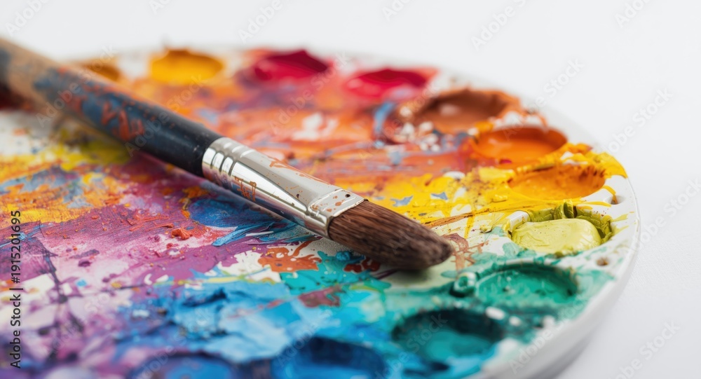 Obraz premium Watercolor paint palette covered in mixed colors with a brush resting