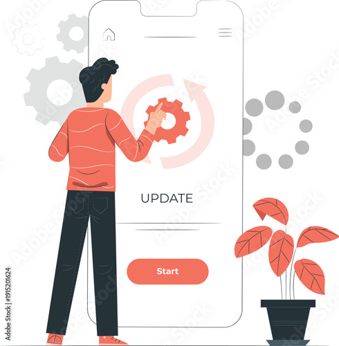 Person updating app on smartphone with gear icons and plant