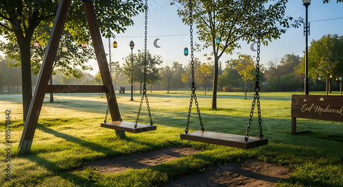An empty wooden swing hangs from metal chains in a sunny outdoor park playground, surrounded by green grass and trees under a clear summer sky with nobody around to play