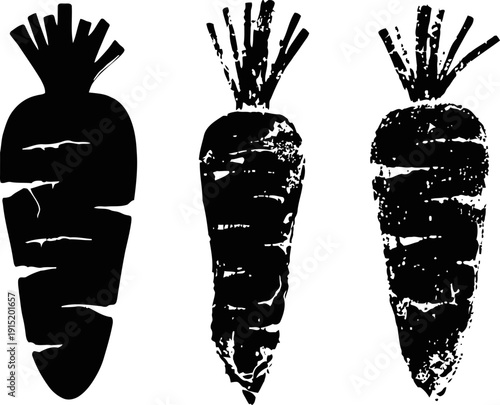 Grunge carrot illustrations set of three black white vegetable art rustic organic garden fresh farming design
