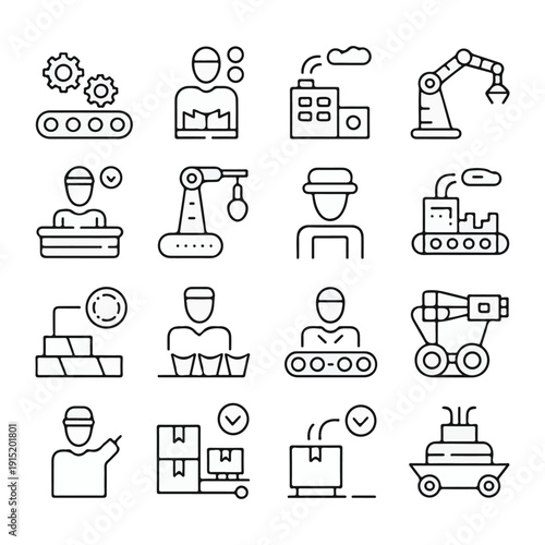 Industrial Manufacturing and Smart Factory Line Icon Set