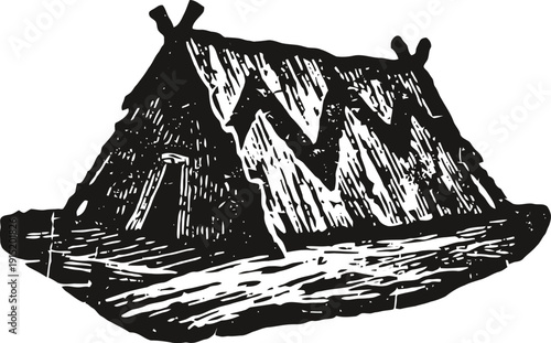 Black and white illustration of a vintage wooden shelter with a thatched roof, rustic cabin design