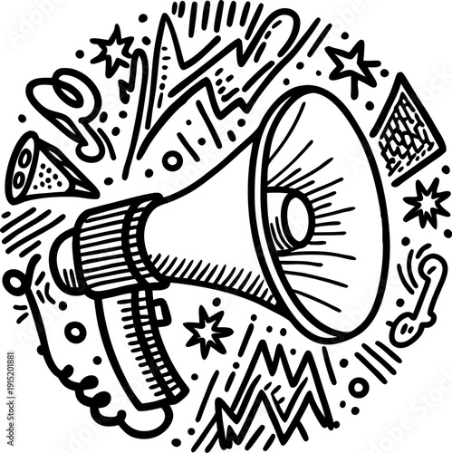 Hand drawn megaphone illustration with sound waves and dynamic abstract shapes