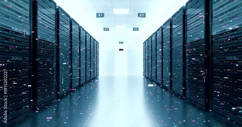 Cloud Computing Data Center with Infinite Server Rows 4K. Technology ...