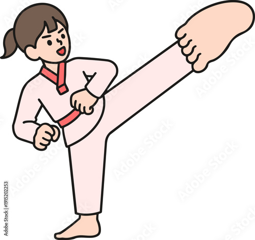 A girl in a dobok executing a side kick