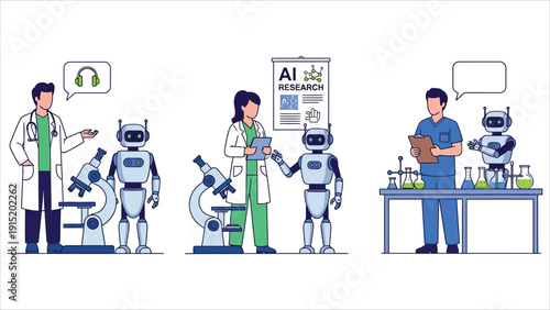 Human-AI Collaboration in Healthcare Doctor, Nurse, and Researcher Interacting with Artificial Intelligence – Creative Vector Illustration