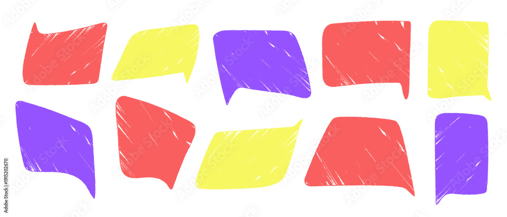 Fototapeta premium Speech bubble texture crayon pencil or chalk set, Hand drawn text boxes frames grunge texture, Colored dialog chats.