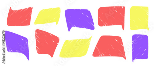 Speech bubble texture crayon pencil or chalk set, Hand drawn text boxes frames grunge texture, Colored dialog chats.
