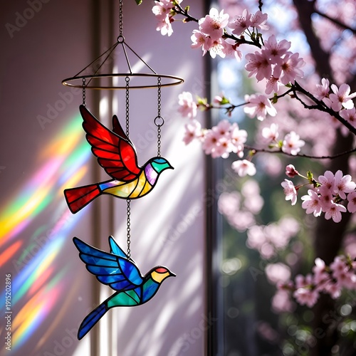 Colorful Stained Glass Bird Mobile with Cherry Blossoms by the Window