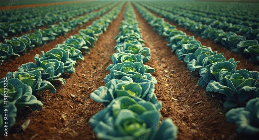 Fototapeta premium Commercial cabbage growing field with orderly planted rows