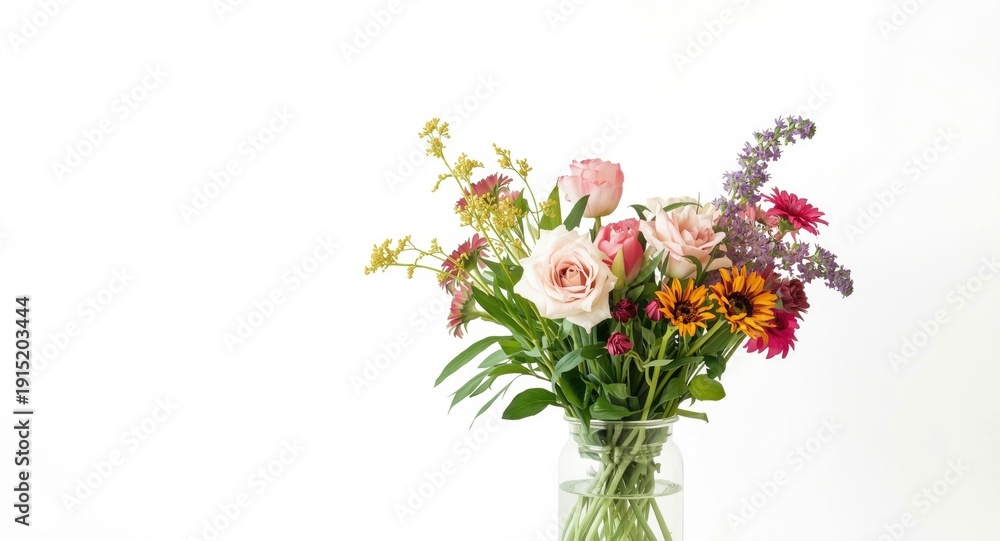 Fototapeta premium Decorative living area with fresh flowers in a vase set before a white background