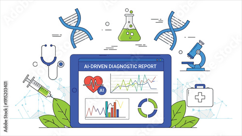 AI Diagnostic Report on Medical Tablet Displaying Health Data and Tools.