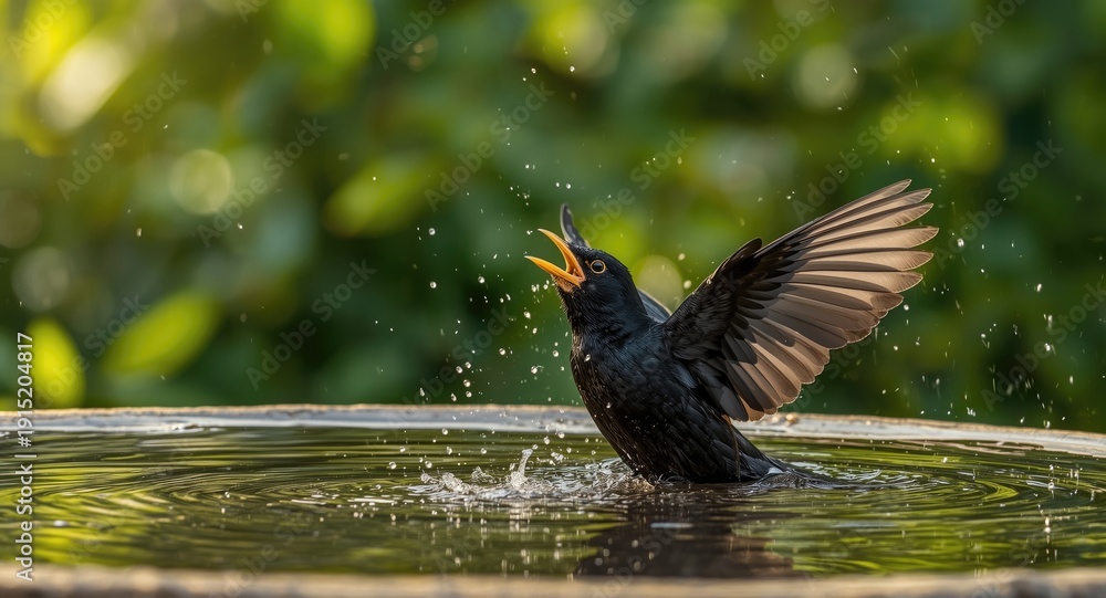 Obraz premium Cheerful male blackbird flapping wings and splashing water droplets while bathing in a natural bird bath
