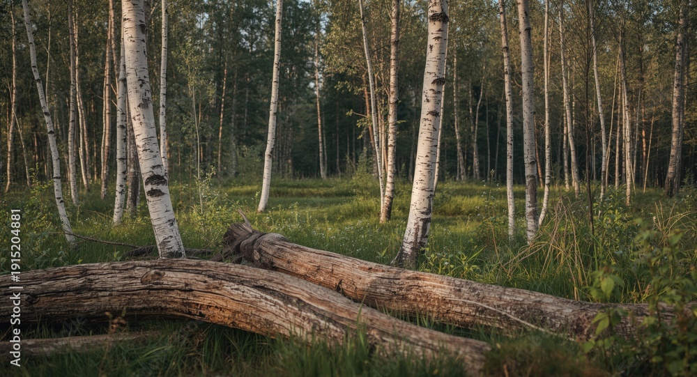 Fototapeta premium Relaxing woodland scene with birch trees, dense grass, and aged wooden trunks artwork