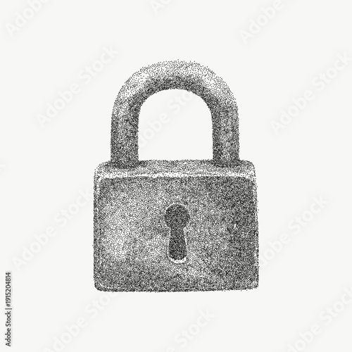 Drawing of a padlock with gritty stipple texture and grainy shadows. Dust speckles, distressed scratches, and threshold imperfections cover rough vintage metal, adding aged character.