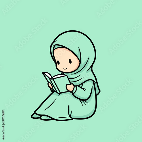 Cartoon Girl Wearing Hijab Reading Book.