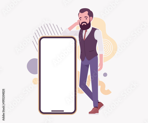 Modern business leader, smart businessman phone lean. Elegant high quality attire, tech savvy professional planning market trend, vector flat style cartoon illustration abstract creative background